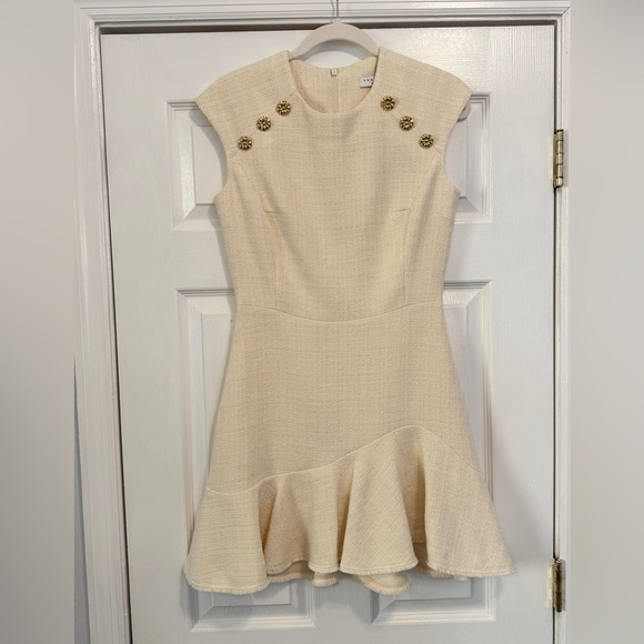 SANDRO PARIS Cream Mini Tweed Sleeveless Dress Gold Buttons 36 / 4 - Picture 1 of 8